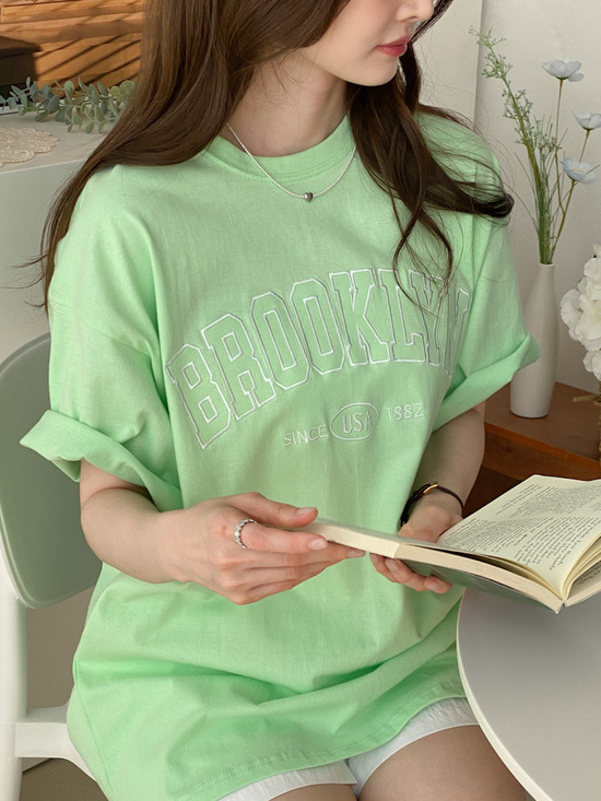 자수브루클린 루즈핏 반팔 박스 롱 티셔츠 4color