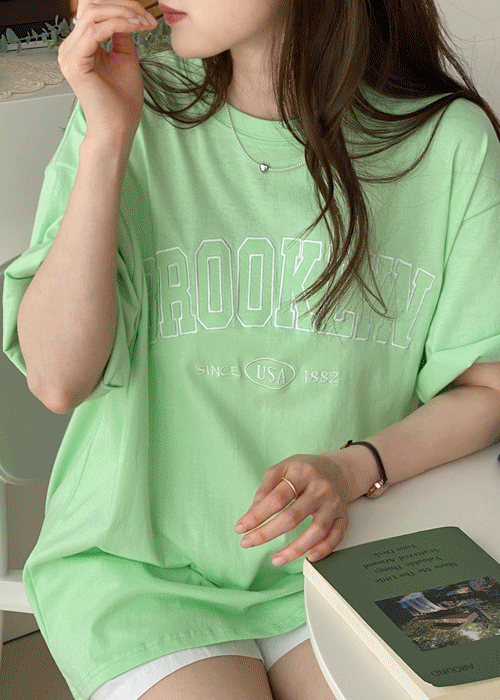 자수브루클린 루즈핏 반팔 박스 롱 티셔츠 4color