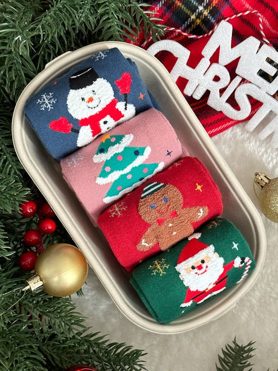 쿠키 산타 크리스마스 중목 양말 4개 선물세트