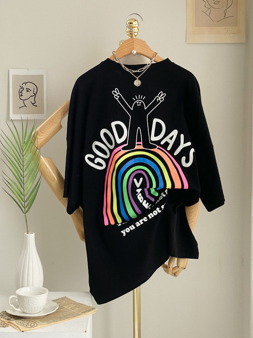 바이브 레인보우 루즈핏 반팔 박스 롱 티셔츠 3color